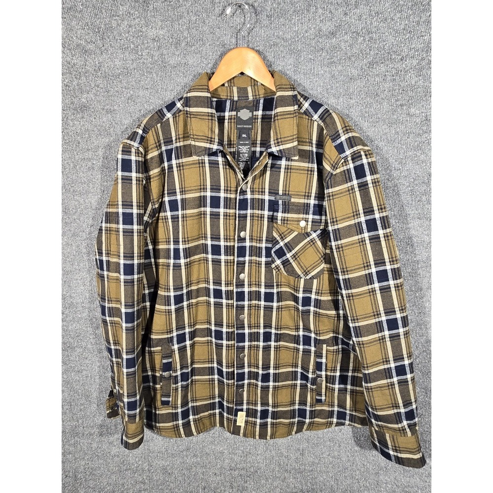 Harley-Davidson Black Label Plaid Shirt Jacket Men's 2XL Snap Front Brown Blue